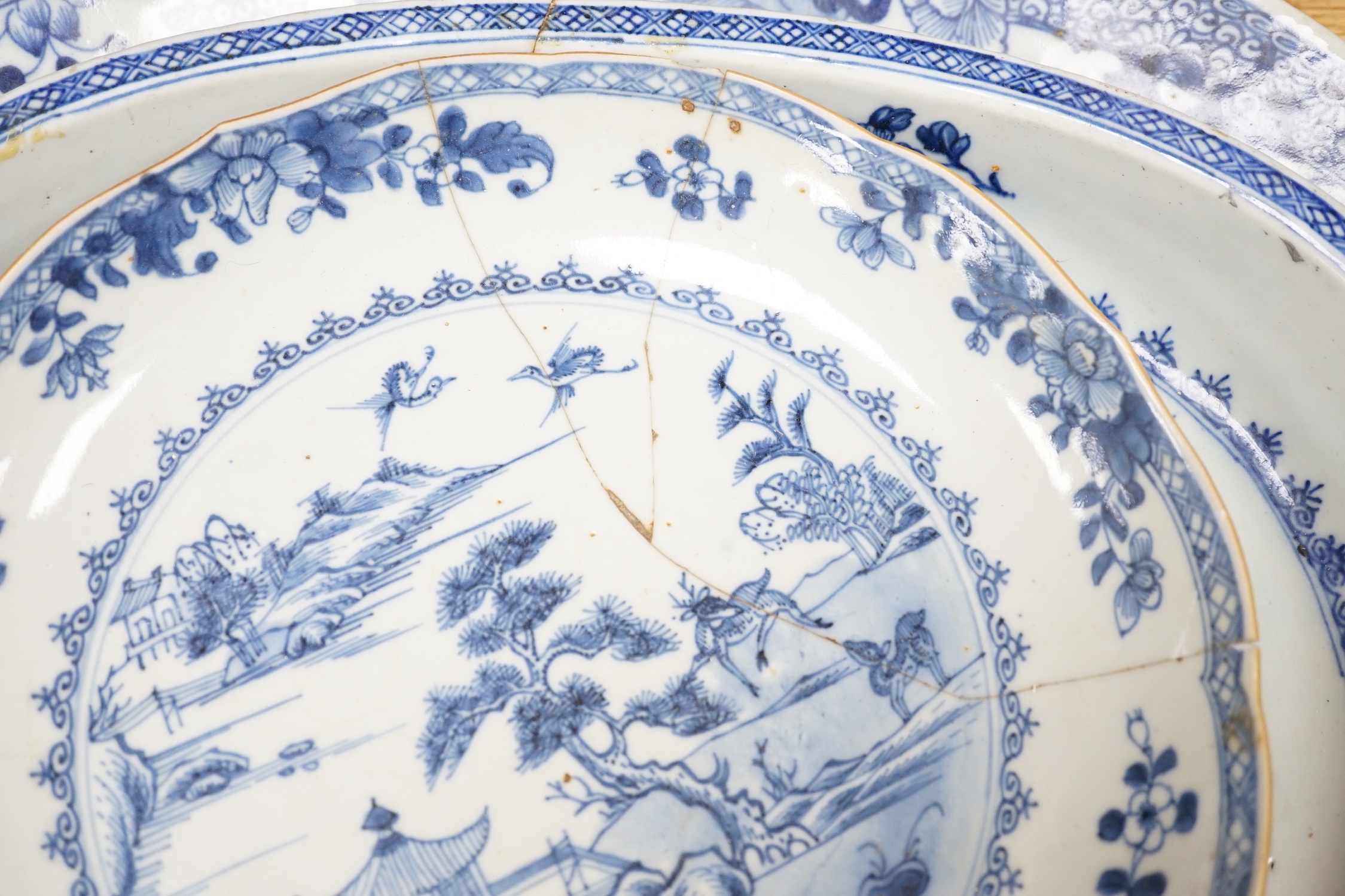 A group of 18th/19th century Chinese blue and white porcelain, including a Kangxi figure painted jar, a large meat dish, a hexagonal dragon bowl, a dish and a teapot with lid (6), meat dish 46cm wide